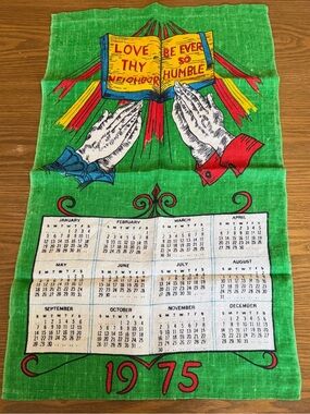 Vintage 1975 Calendar Tea Towel with Praying Hands Book Graphic Cottagecore